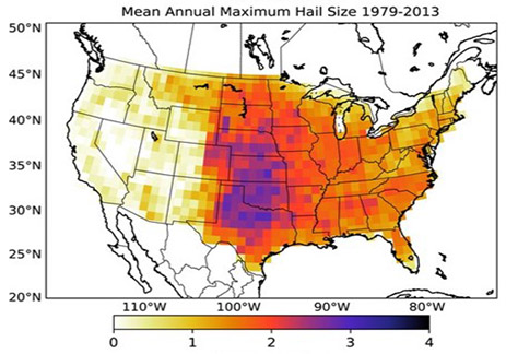 Mapa de diámetro en pulgadas de precipitaciones de granizo en EEUU