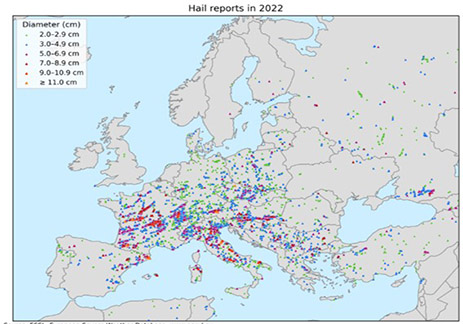Mapa de diámetro de precipitaciones de granizo en Europa